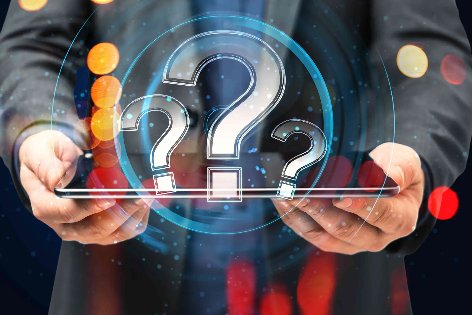 Dynamics Monk professional holding tablet with question marks, highlighting why faster financial close alone fails to drive smarter Dynamics 365 decision-making.